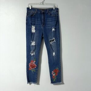 VIP Jeans Girl's Skinny Distressed Embroidered Medium‎ Wash Size 12 High Rise